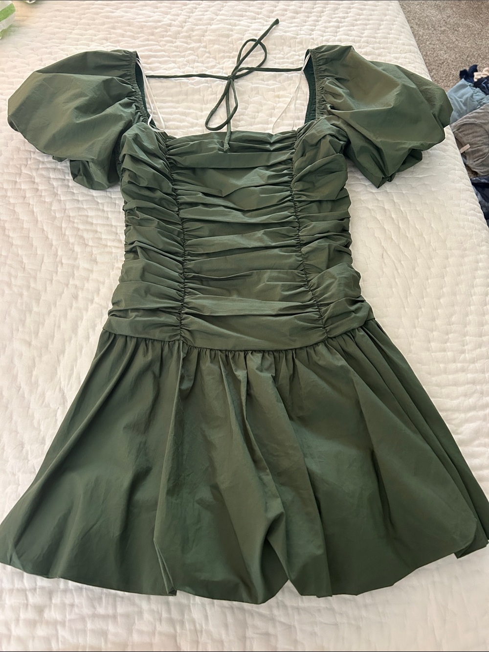Olive Green Ruched Puff Sleeve Mini Dress
